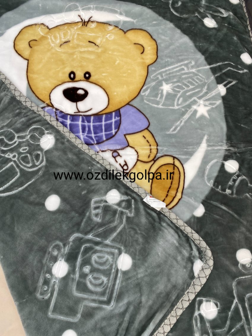 پتو کودک عروسکی دو لایه دو رویه برند TGH طرح خرس خالدار رنگ طوسی تیره