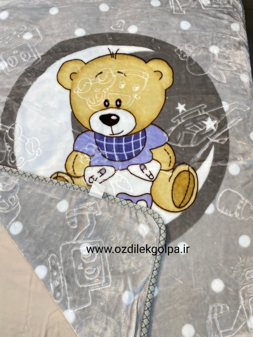پتو کودک عروسکی دو لایه دو رویه برند TGH طرح خرس خالدار رنگ طوسی روشن